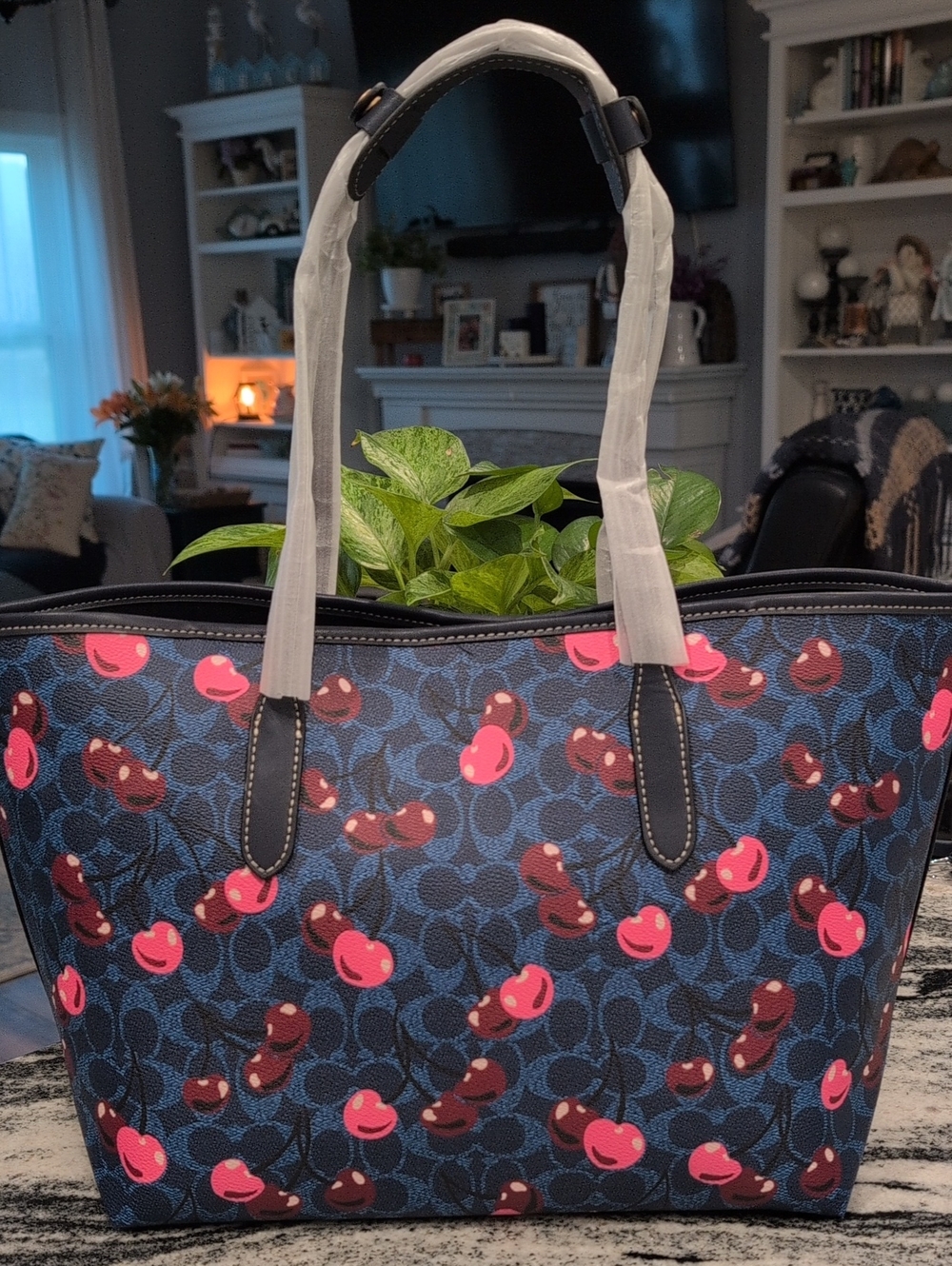 Coach City Tote Bag Cherry Print - Blue - Picture 10 of 11